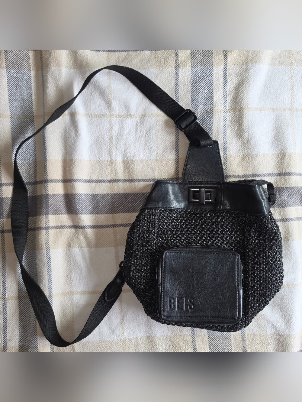 Black Woven Crossbody Bag with Front Pocket